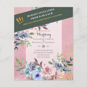 FLYER INVITACIÓN DE BODAS DE FLORES ROSADAS AZULES DE PR