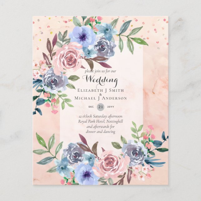 FLYER INVITACIÓN DE BODAS DE FLORES ROSADAS AZULES DE PR (Frente)