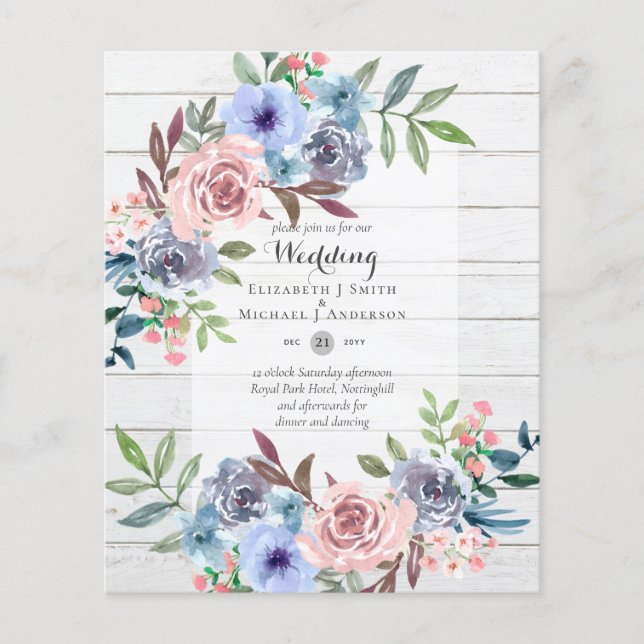 Flyer INVITACIÓN DE BODAS Flores Rosa Azul PRESUPUESTO M (Frente)