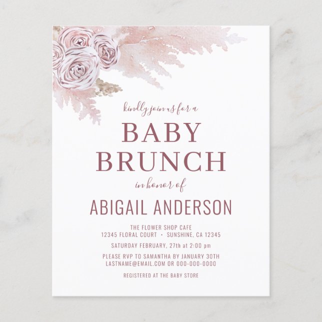 Flyer Invitación de brunch de bebé de hierba de Boho Pam (Frente)