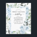 Flyer Invitación de cumpleaños 16 Budget Dusty Blue Swee<br><div class="desc">Rosas florales azules y eucalipto de vegetación botánica primavera o verano dulce dieciséis invitaciones de fiesta de cumpleaños - incluye una tipografía de escritura hermosa y elegante con flores botánicas tropicales modernas y vegetación para la celebración especial dulce 16.</div>