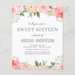 Flyer Invitación de cumpleaños 16 Budget Floral Girly Sw