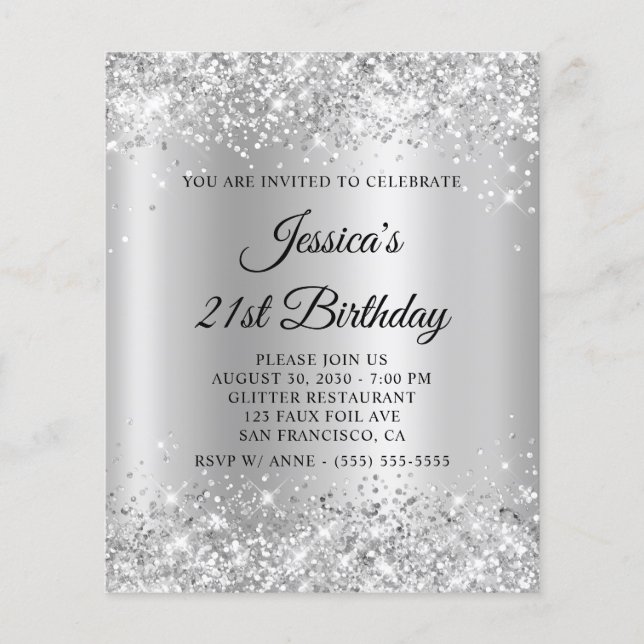 Flyer Invitación de cumpleaños 21 con brillo plateado (Frente)