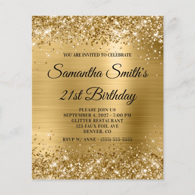 Flyer Invitación de cumpleaños 21 Glittery Gold Foil (Frente)