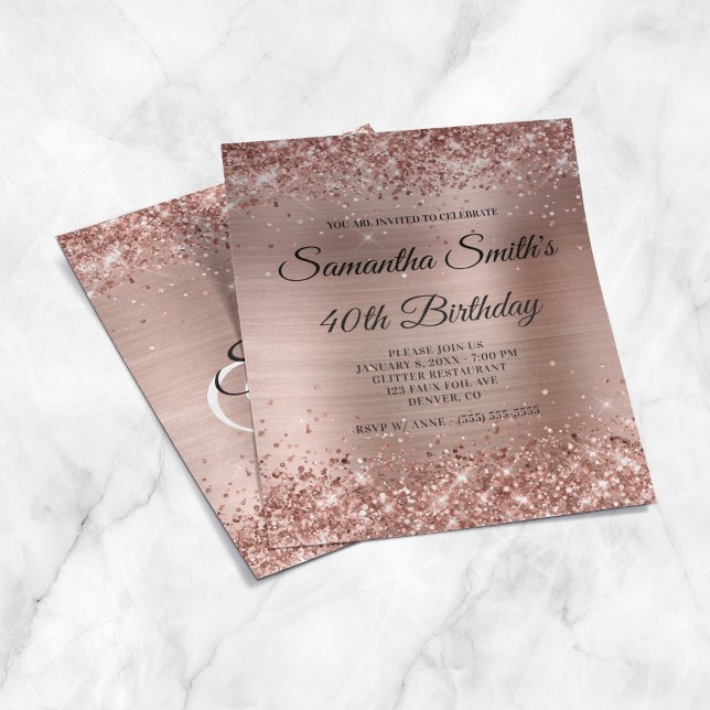 Flyer Invitación de cumpleaños 40 Glittery Rose Gold Foi (Glittery Rose Gold Foil 40th Birthday Invite Flyer)