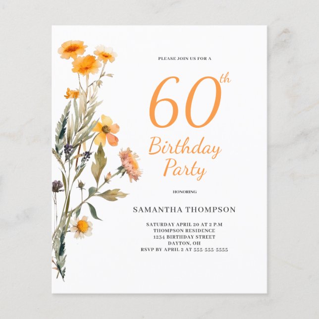 Flyer Invitación de cumpleaños 60 a la flor silvestre fl (Frente)