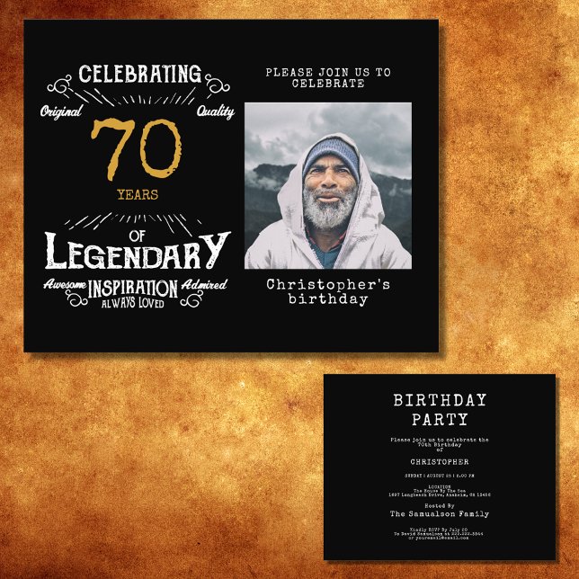 Flyer Invitación de cumpleaños 70 a Black Gold Budget (Celebrate the golden age of your loved one's life with this budget-friendly 70th birthday invitation)