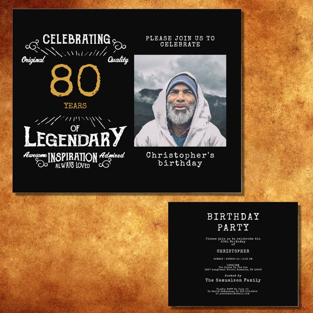 Flyer Invitación de cumpleaños 80 a Black Gold Budget (Celebrate the golden age of your loved one's life with this budget-friendly 80th birthday invitation)