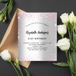 Flyer Invitación de cumpleaños con brillo plateado rosa 