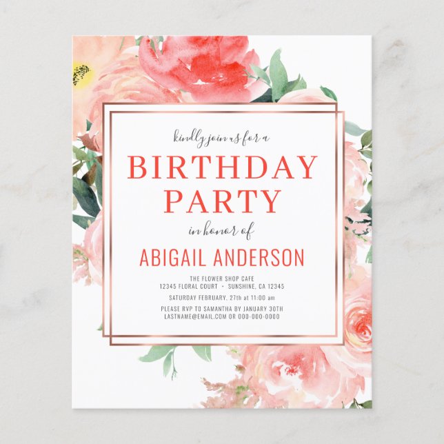 Flyer Invitación de cumpleaños con flores de coral econó (Frente)