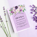 Flyer Invitación de cumpleaños del presupuesto de flores<br><div class="desc">Tenga en cuenta que esta invitación está en papel de volante y es muy delgada. Los sobres no están incluidos. Para invitaciones más gruesas (el mismo diseño) visite nuestra tienda. Un fondo de color violeta, lavanda y un armazón de arco. Decorada con flores y vegetación violeta y violeta de color...</div>
