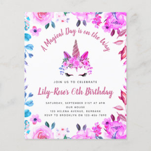 Flyer Invitación de cumpleaños floral con cara de unicor