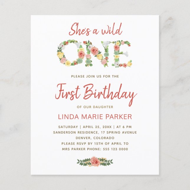 Flyer Invitación de cumpleaños número 1 de una niña salv (Frente)