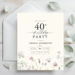 Flyer Invitación de cumpleaños número 40 de Budget Flora<br><div class="desc">Celebre con estilo con una caligrafía floral de jardín invitación a los 40 años, perfecta para un evento de hitos. Con vibrantes diseños florales y elegantes caligrafías, esta invitación le da un toque original y sofisticado a su celebración. El exuberante tema del jardín combina la belleza natural con la elegante...</div>