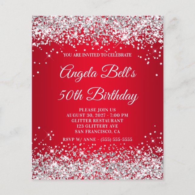 Flyer Invitación de cumpleaños número 50 con brillo plat (Frente)