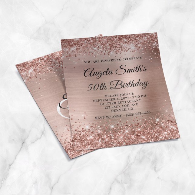 Flyer Invitación de cumpleaños número 50 con lámina dora (Glittery Rose Gold Foil 50th Birthday Invite Flyer)