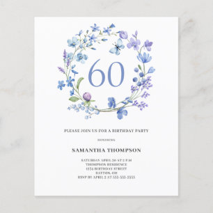 Flyer Invitación de cumpleaños número 60 con flores azul