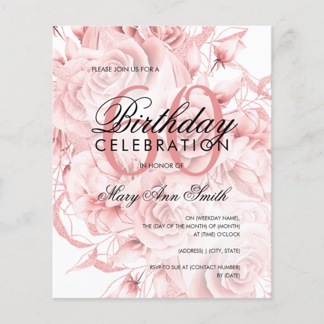 Flyer Invitación de cumpleaños número 60 con flores de o (Frente)