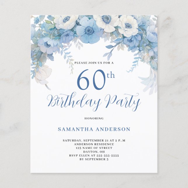 Flyer Invitación de cumpleaños número 60 de Budget Blue  (Frente)