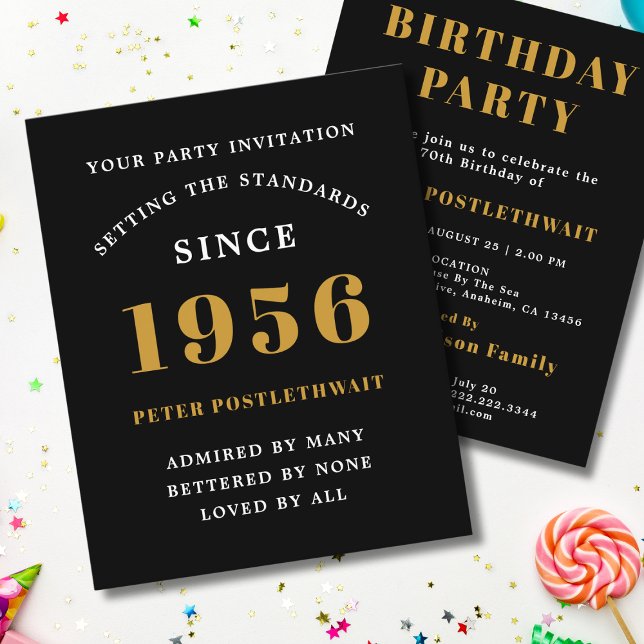 Flyer Invitación de cumpleaños número 70 Presupuesto 195 (1956 birthday invitation budget flyer. White background.)