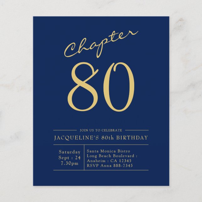 Flyer Invitación de cumpleaños número 80 con presupuesto (Frente)