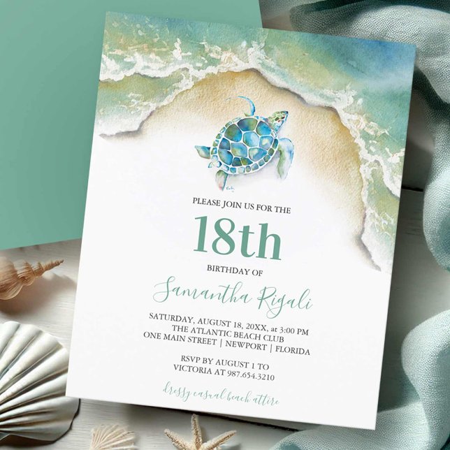Flyer Invitación de cumpleaños presupuestada tortuga mar (Sea turtle beach birthday invitations 18th birthday party watercolor art by Victoria Grigaliunas)