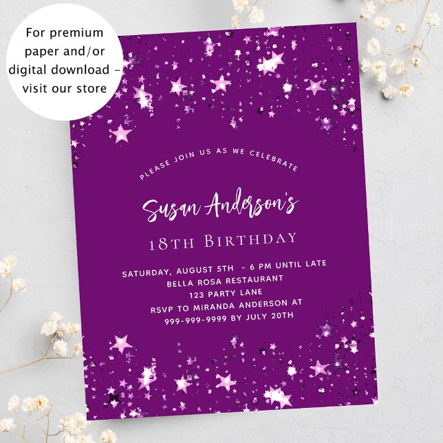 Flyer Invitación de cumpleaños presupuestario de Purple  (Subido por el creador)