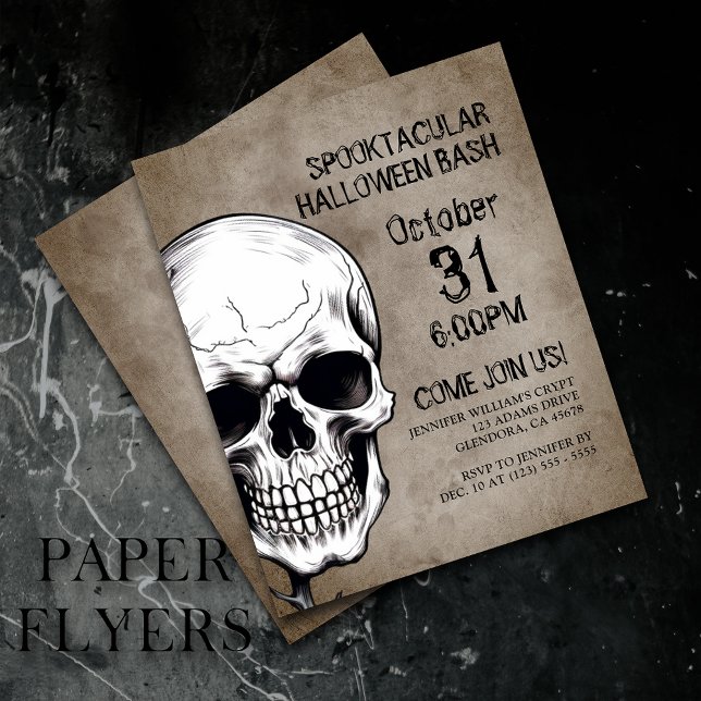Flyer Invitación de la fiesta de Halloween Black Skull (Set the mood with eerie invites, perfect for a haunting night! Save with flyers for large parties!)