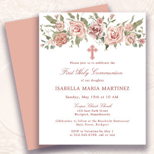 Flyer Invitación de la Santa Comunión a la floral rosa d
