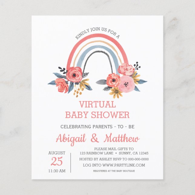 Flyer Invitación de lluvia de bebé virtual con presupues (Frente)