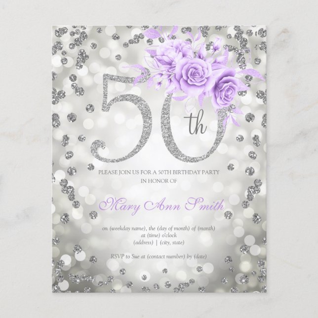 Flyer Invitación de luces de cumpleaños 50 Silver Purple (Frente)