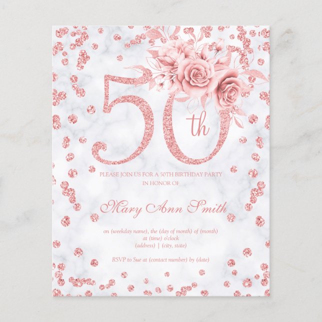 Flyer Invitación de mármol para 50 cumpleaños con flores (Frente)