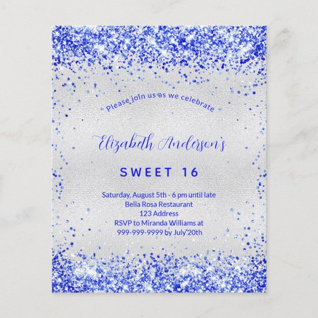 Flyer Invitación de presupuesto azul real dulce 16 plata (Frente)