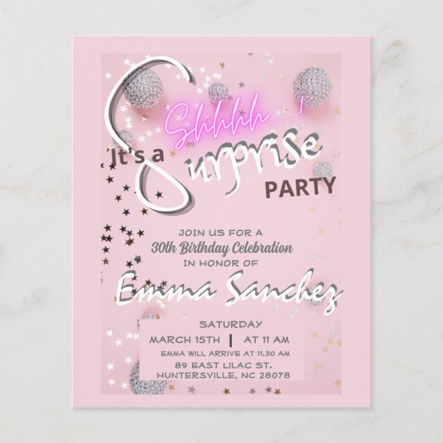 Flyer Invitación de presupuesto de sorpresa rosa y gris  (Frente)