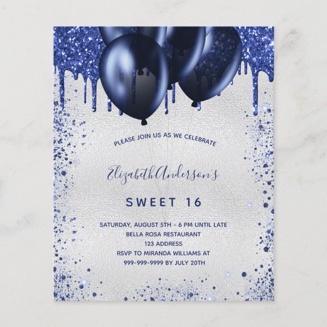 Flyer Invitación de presupuesto de Sweet 16 azul marino  (Frente)