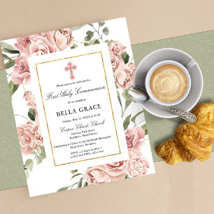 Flyer Invitación de Primera Comunión floral rosa presupu