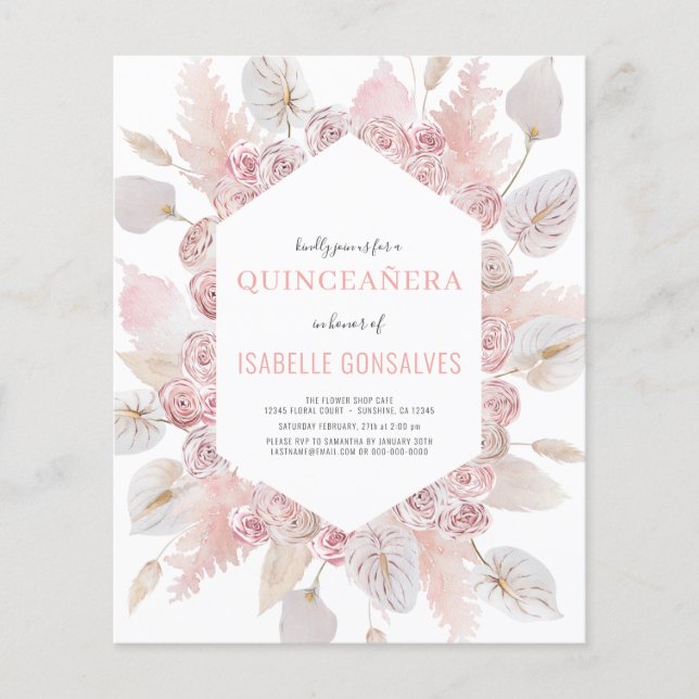 Flyer Invitación de QUINCEAÑERA a la acuarela boho con p (Frente)