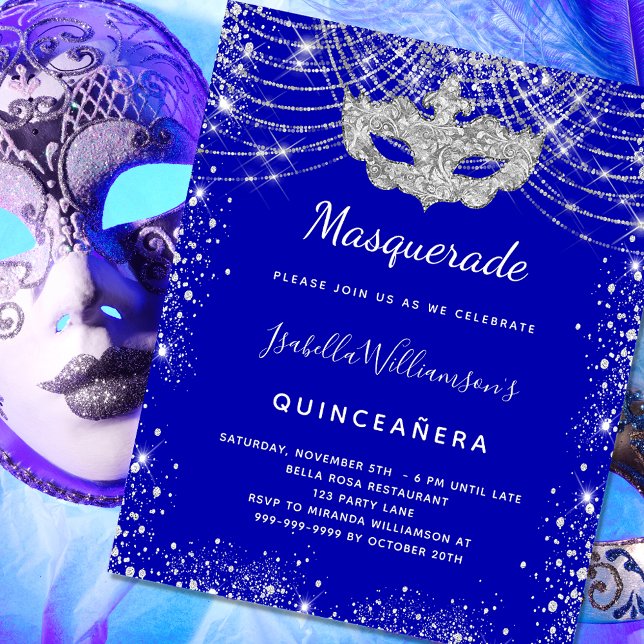 Flyer Invitación de Quinceanera azul real de mascarada (Subido por el creador)