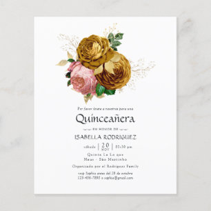 Flyer Invitación de Quinceañera Floral Vintage Rosado y