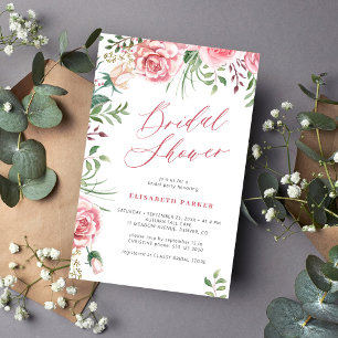 Flyer Invitación de shower nupcial con fuente rosa flora