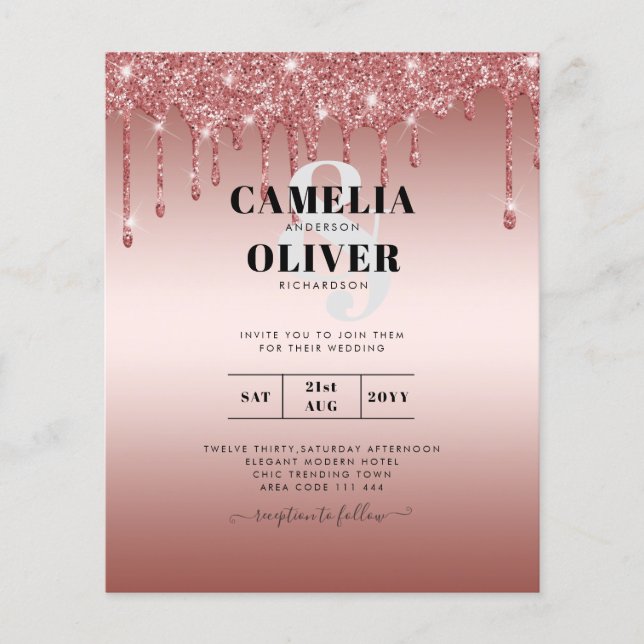 Flyer Invitación de WEDDING Purpurina Rosa de Oro de pre (Frente)