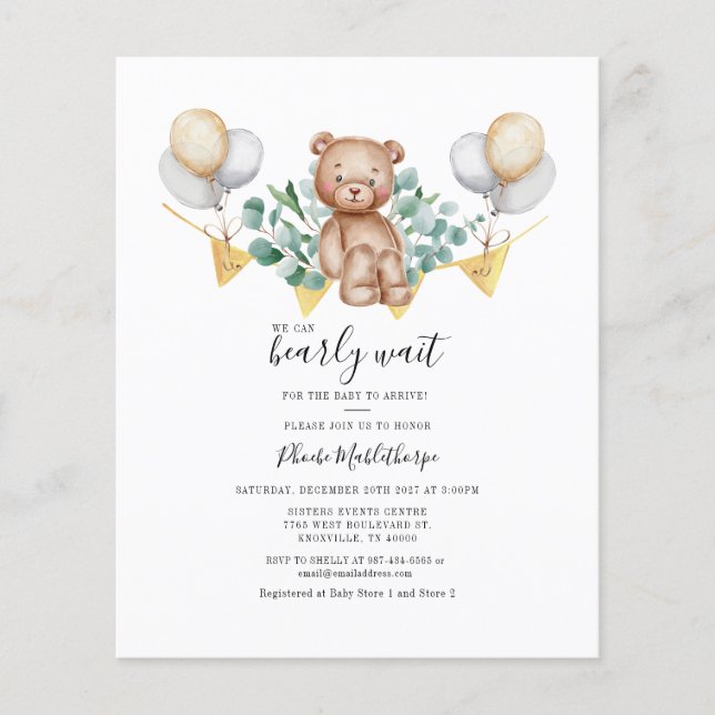 Flyer Invitación del oso Eucalyptus Baby Shower Greenery (Frente)