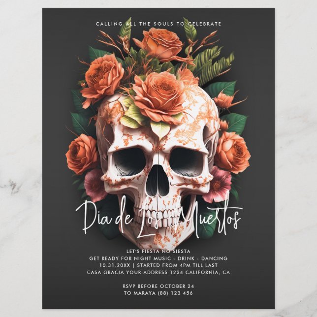 Flyer Invitación del partido Floral Skull Dia De Los Mue (Frente)