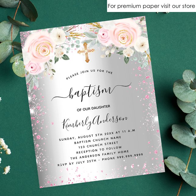 Flyer Invitación del purpurina floral rosa plateado chic (Subido por el creador)