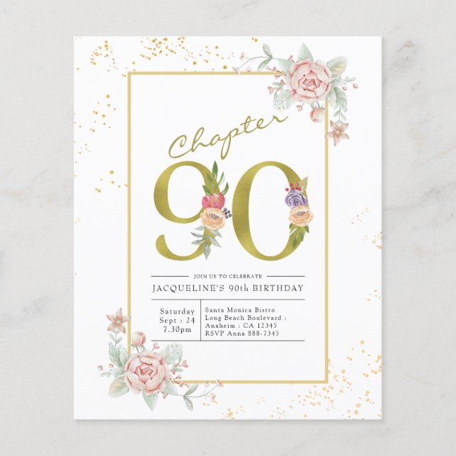 Flyer Invitación dorada floral con guión para cumpleaños (Frente)