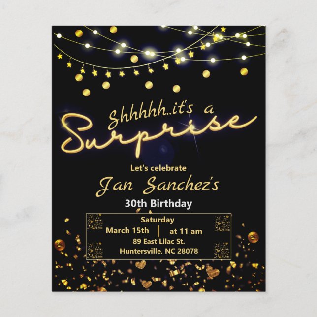 Flyer Invitación económica para sorpresas en negro y oro (Frente)