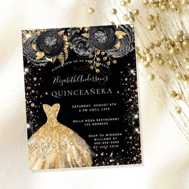 Flyer Invitación floral al vestido de oro negro quincean (Subido por el creador)