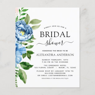 Flyer Invitación floral azul de ducha de novia con presu