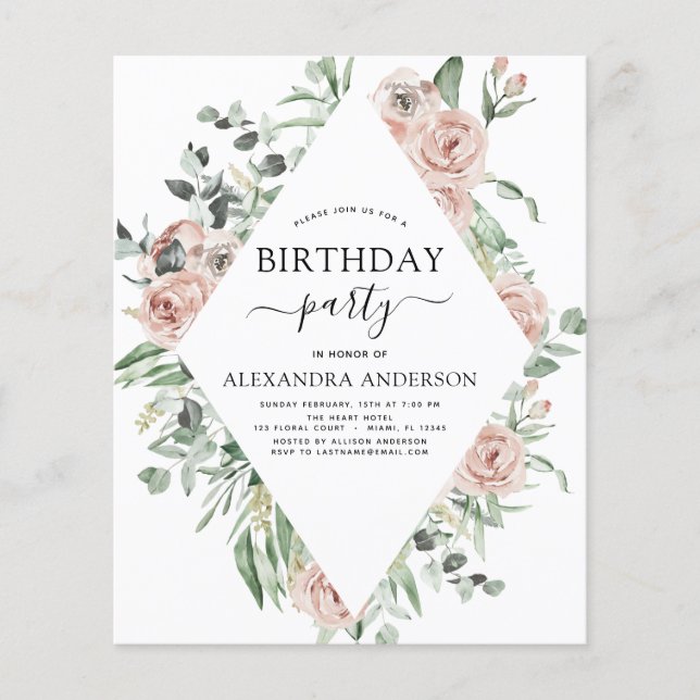 Flyer Invitación floral de cumpleaños con polvo rosa Pre (Frente)