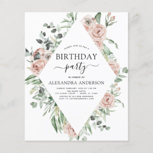 Flyer Invitación floral de cumpleaños con polvo rosa Pre